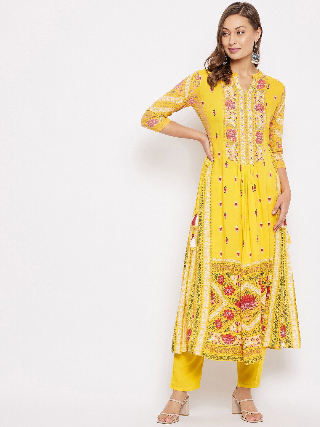 Prakhya Women Yellow Floral Printed Pleated Kurti with Trousers & With Dupatta Price in India