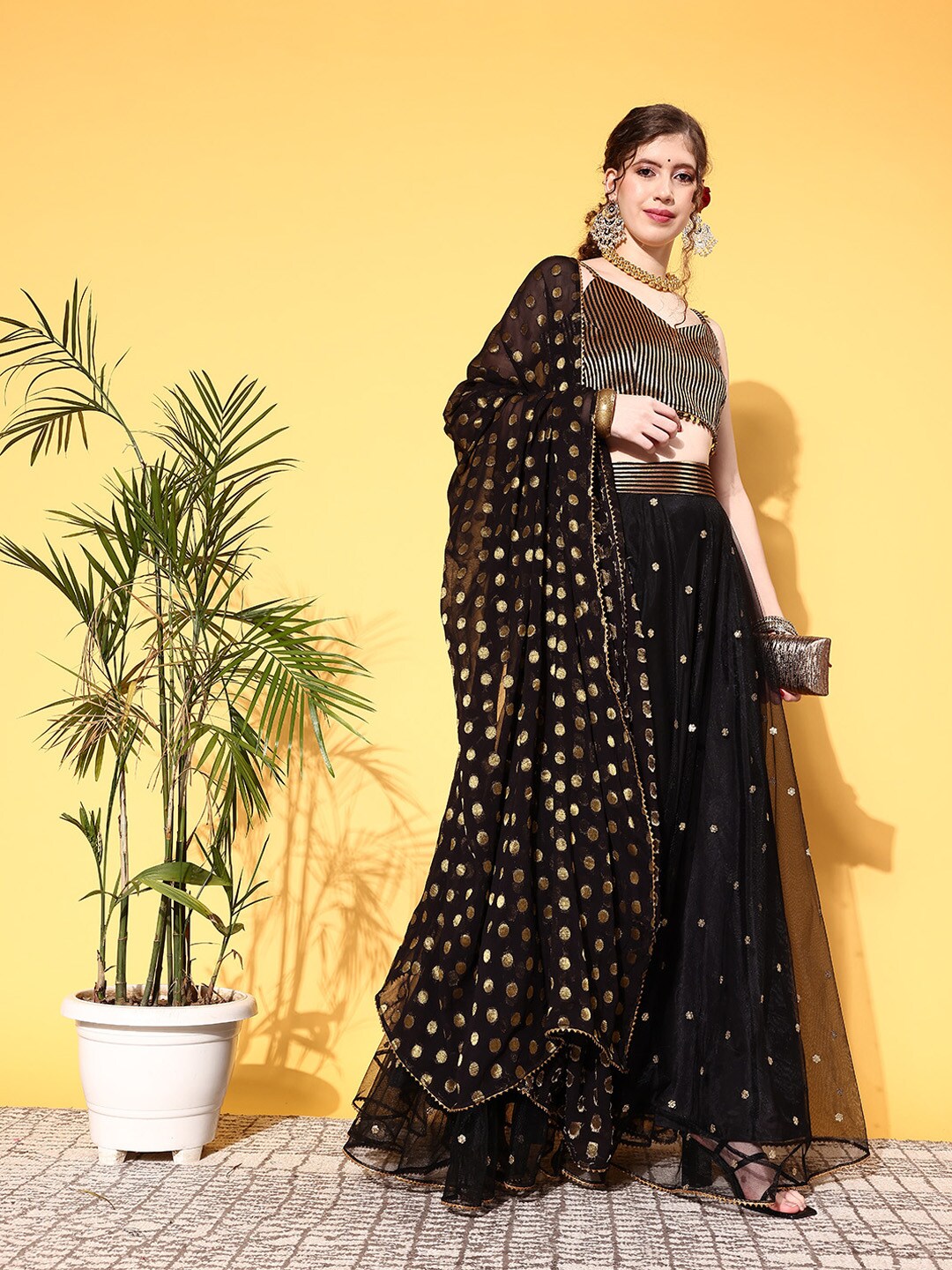Inddus Black Woven Design Semi-Stitched Lehenga Choli with Dupatta Price in India