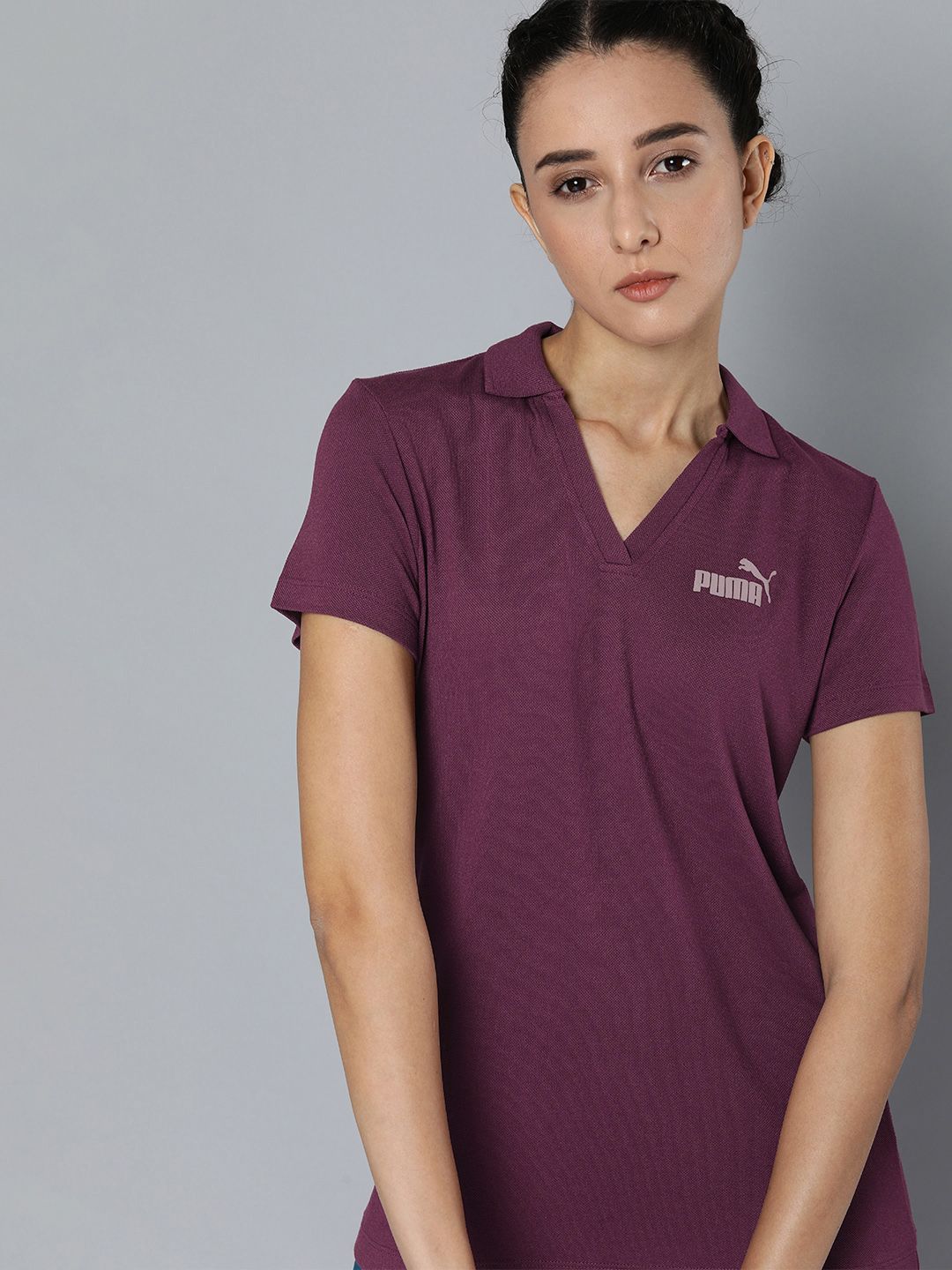 Puma Women Burgundy Self Design V-Neck Essential Applique T-shirt Price in India