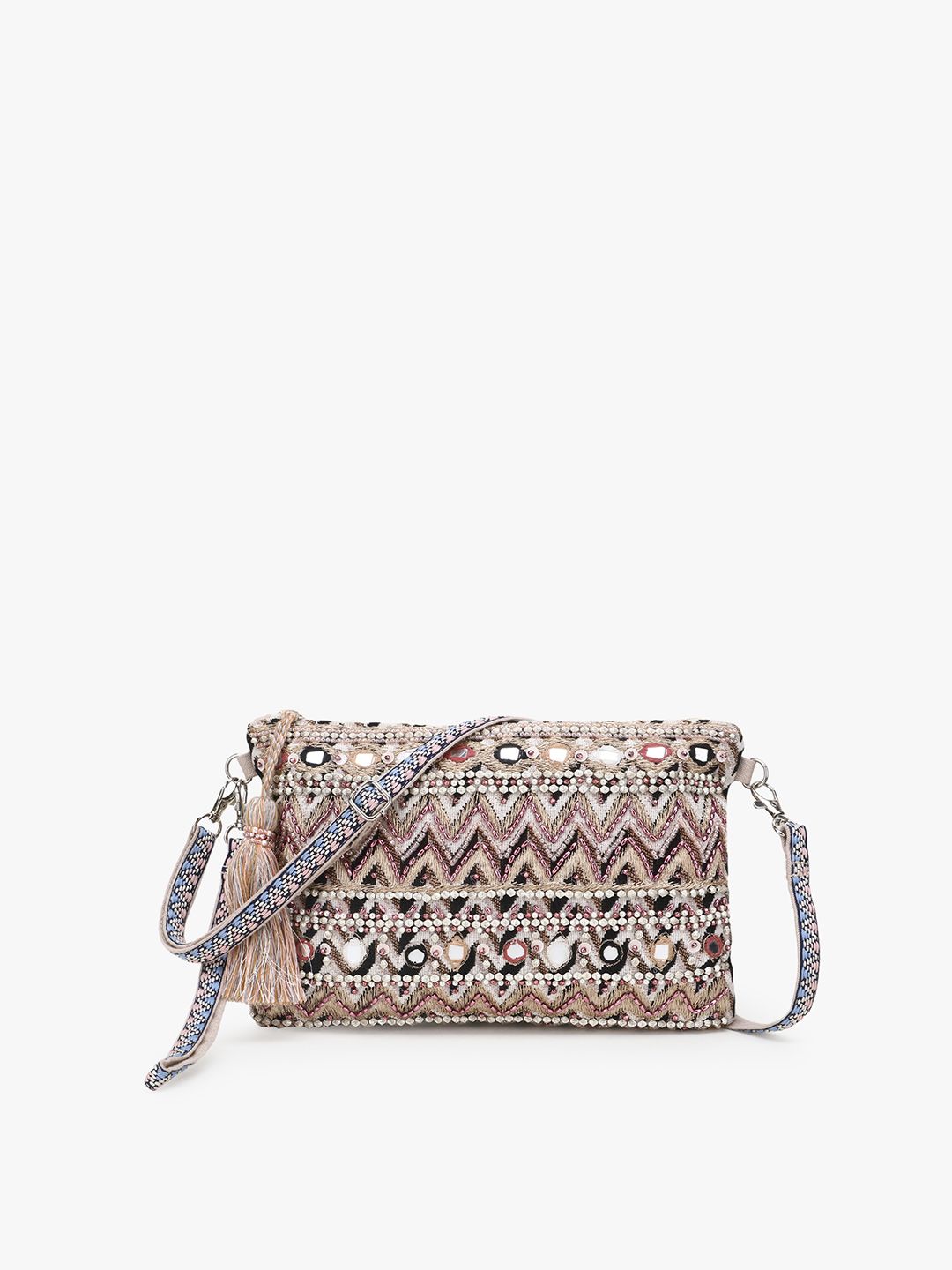 Anekaant Champagne Geometric Embellished Structured Sling Bag with Tasselled Price in India