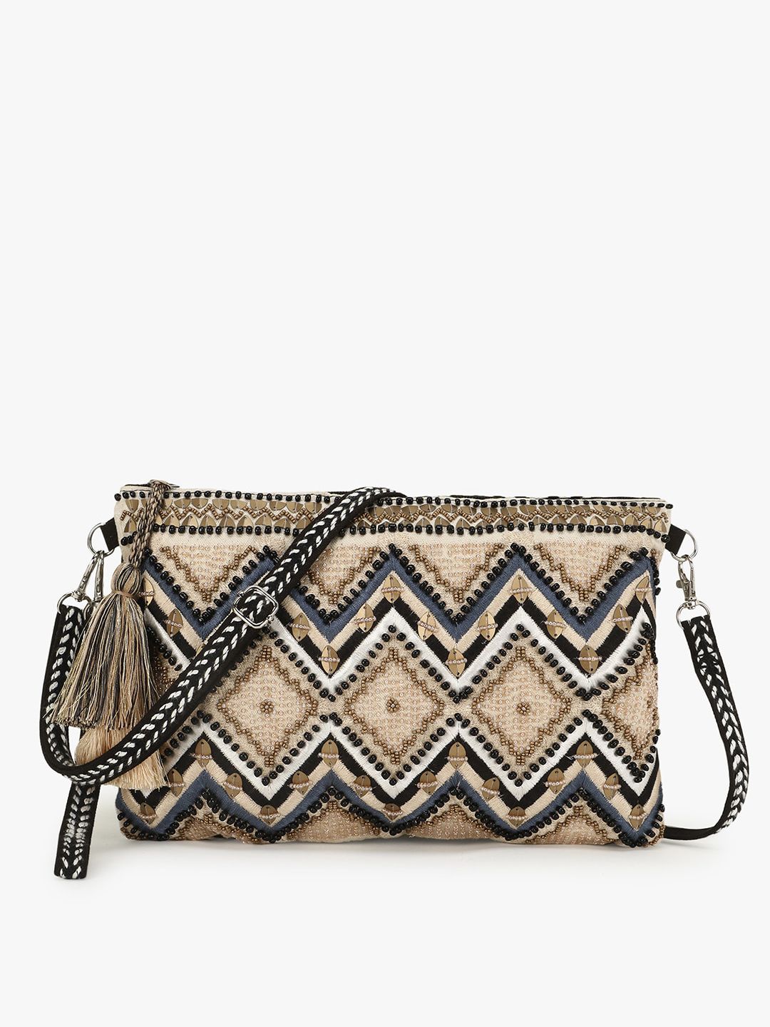 Anekaant Champagne Embellished Structured Sling Bag with Tasselled Price in India