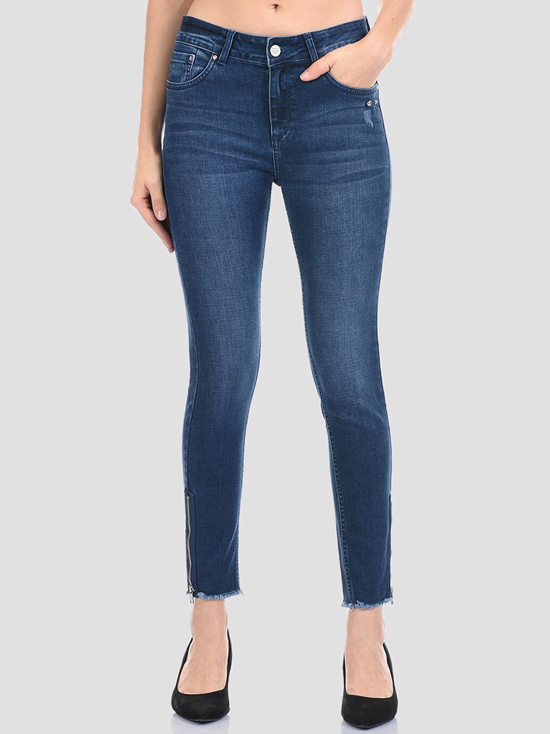 Madame Women Navy Blue Slim Fit Low Distress Light Fade Jeans Price in India