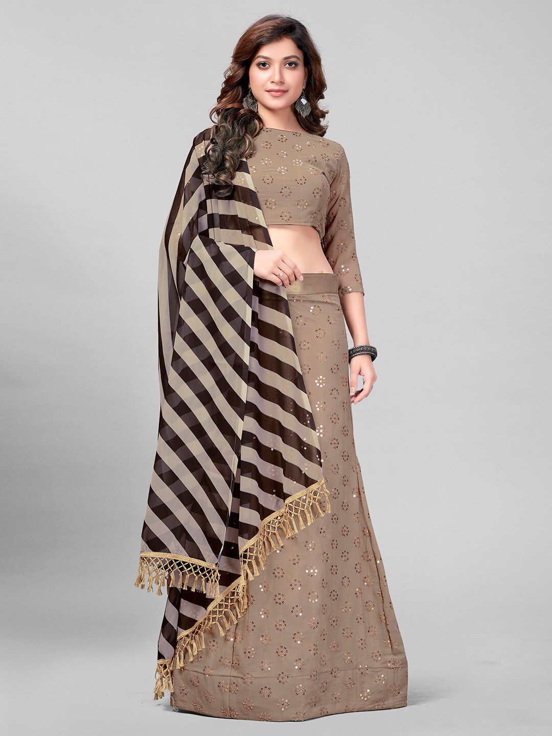 Mitera Beige & Black Embroidered Sequinned Semi-Stitched Lehenga & Unstitched Blouse With Dupatta Price in India