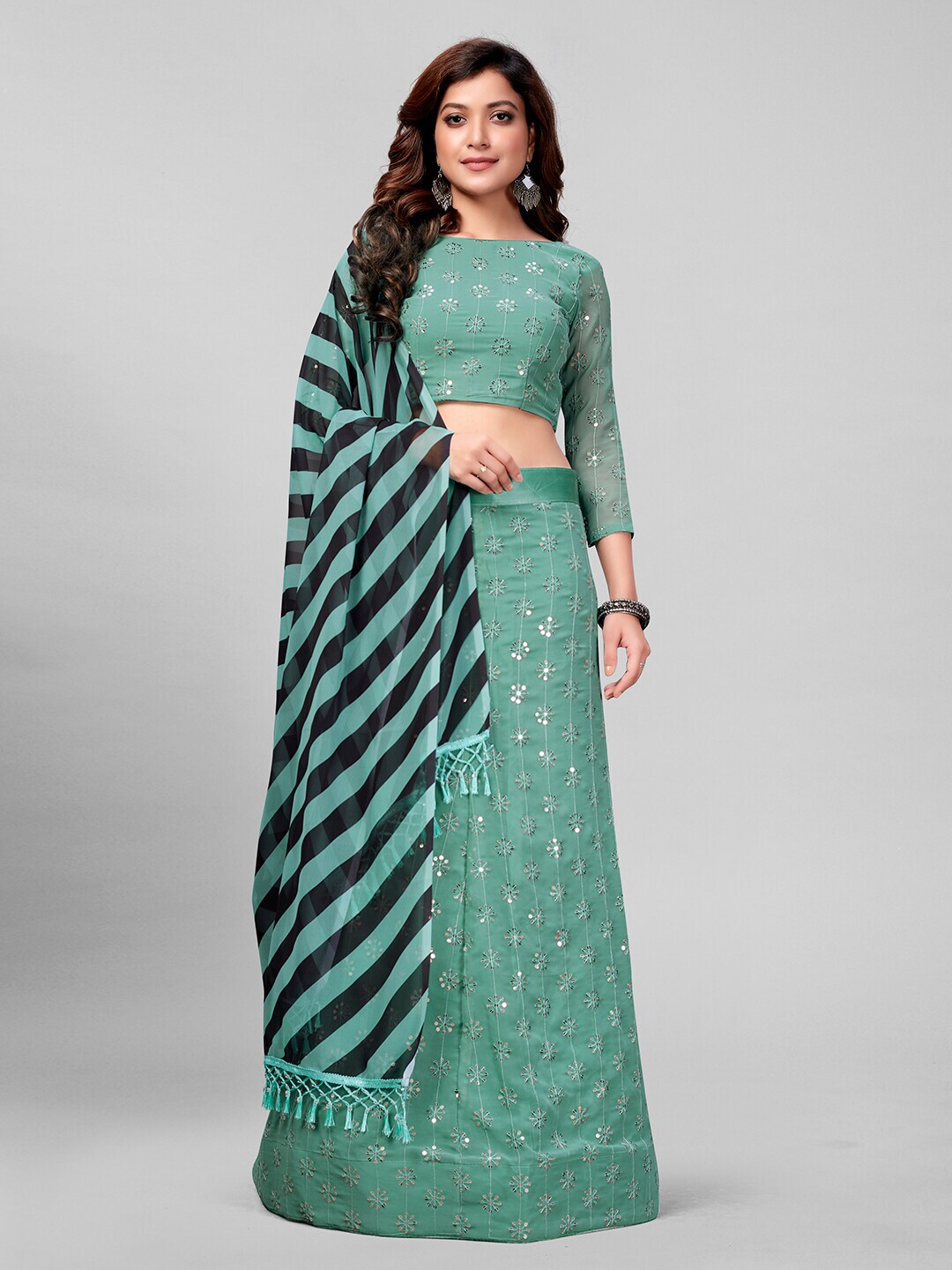 Mitera Green & Black Embroidered Sequinned Semi-Stitched Lehenga & Unstitched Blouse With Dupatta Price in India