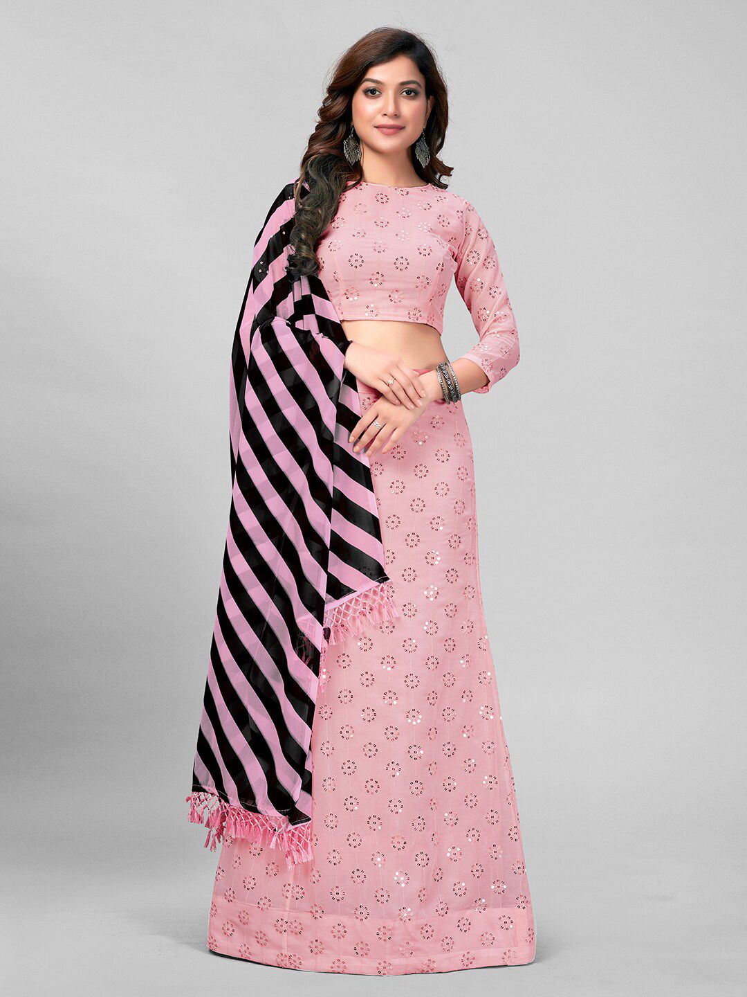 Mitera Pink & Black Embroidered Sequinned Semi-Stitched Lehenga & Unstitched Blouse With Dupatta Price in India