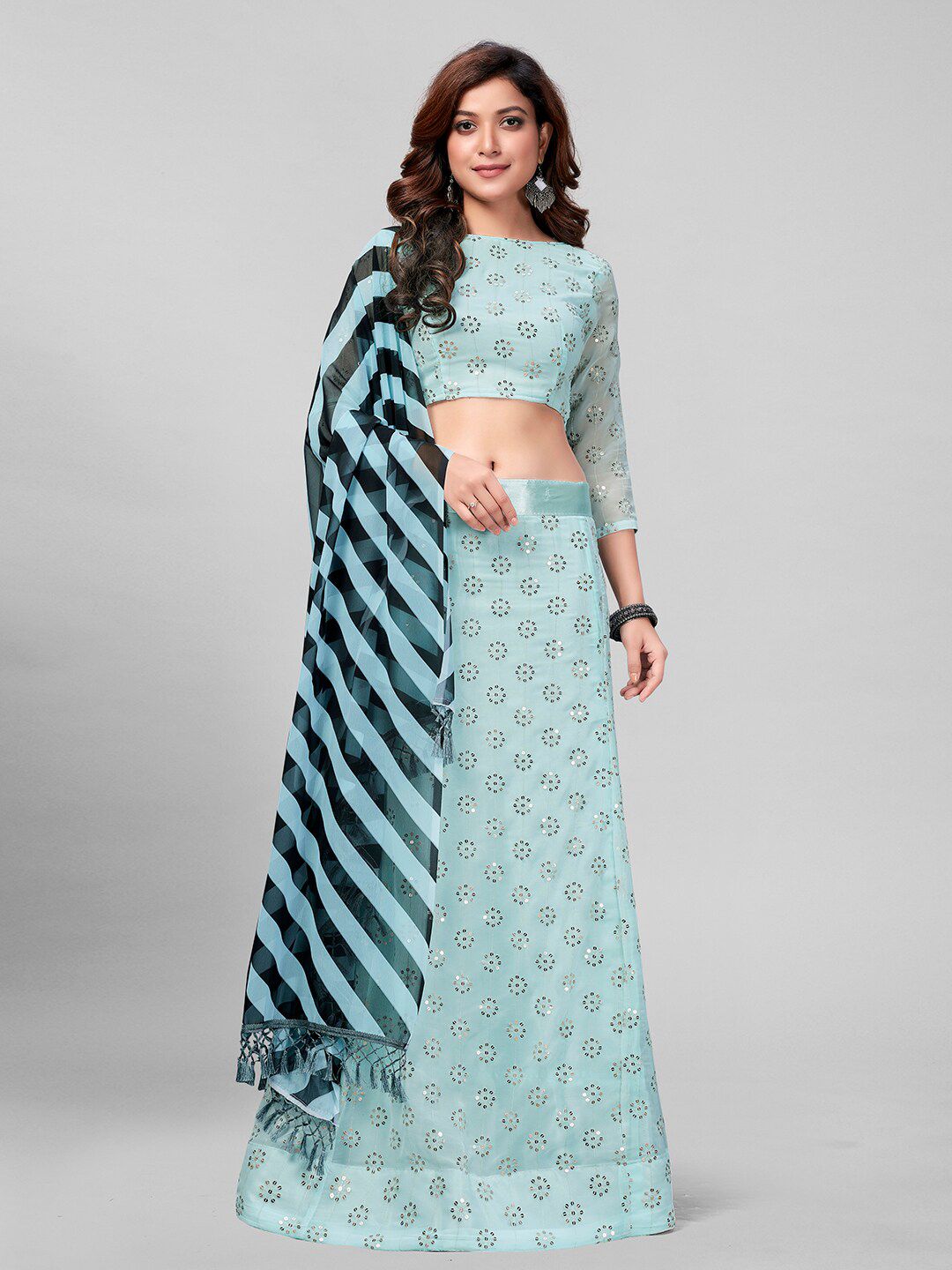 Mitera Blue & Silver-Toned Embroidered Sequinned Semi-Stitched Lehenga & Unstitched Blouse With Dupatta Price in India