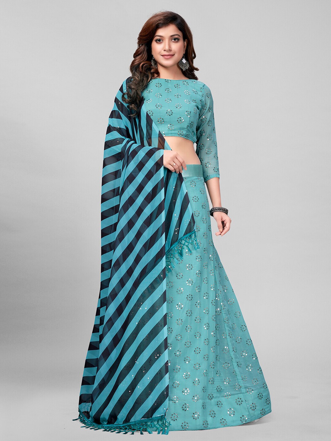 Mitera Turquoise Blue & Black Embroidered Sequinned Semi-Stitched Lehenga & Unstitched Blouse With Dupatta Price in India