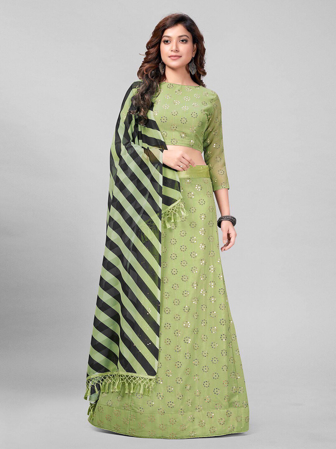 Mitera Green & Black Embroidered Sequinned Semi-Stitched Lehenga & Unstitched Blouse With Dupatta Price in India