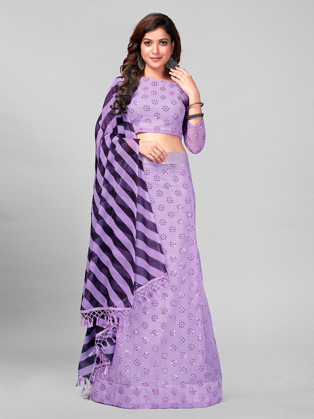 Mitera Mauve & Silver-Toned Embroidered Sequinned Semi-Stitched Lehenga & Unstitched Blouse With Dupatta Price in India