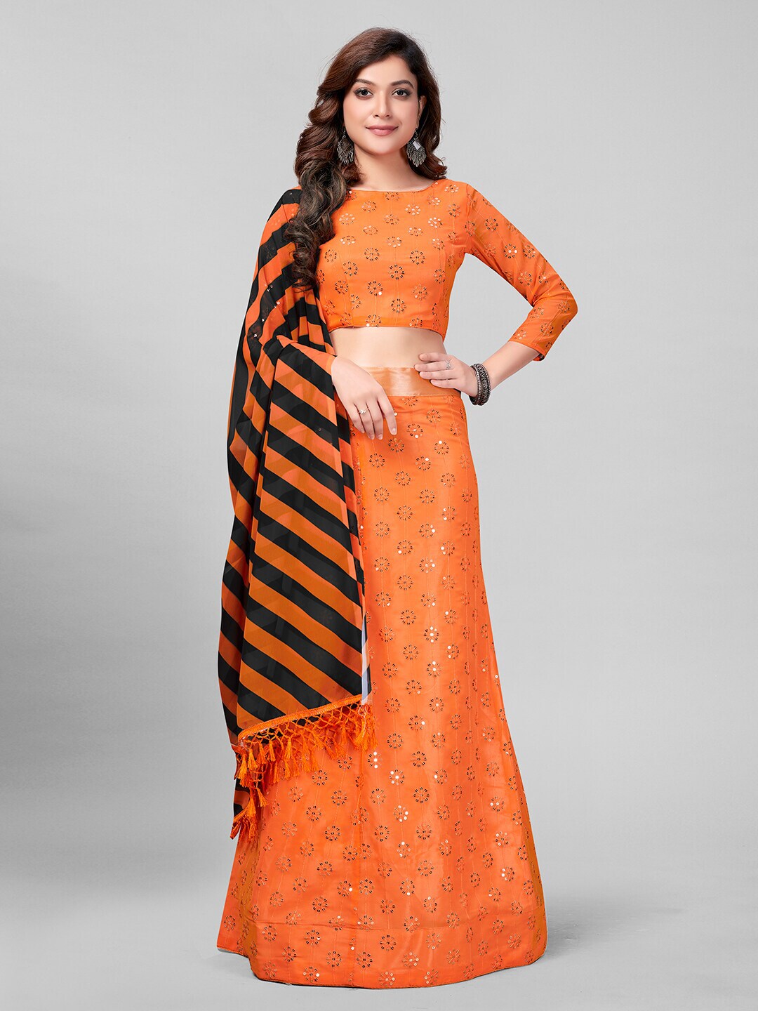 Mitera Orange & Black Embroidered Sequinned Semi-Stitched Lehenga & Unstitched Blouse With Dupatta Price in India