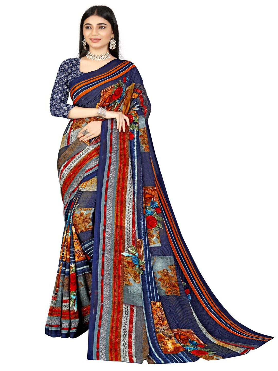 Abhilasha Blue & Red Floral Saree