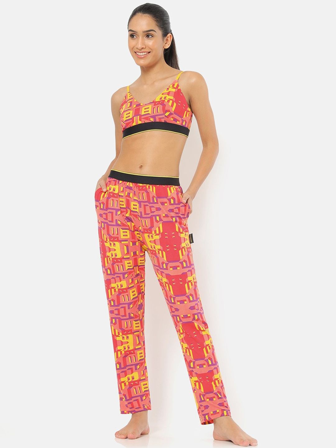 bummer Women Red & Yellow Geometric Printed Micro Modal Bricked Lounge Pants Price in India