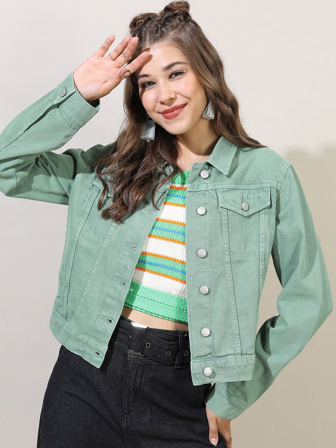 Tokyo Talkies Women Green Denim Jacket Price in India