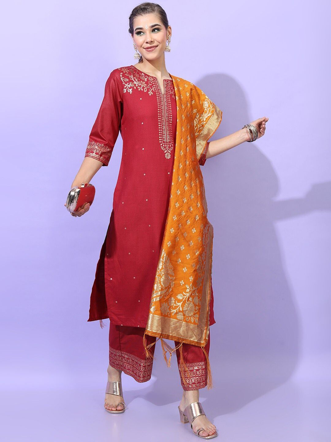 Vishudh Women Red Printed Straight Kurta With Palazzo And Dupatta Price in India