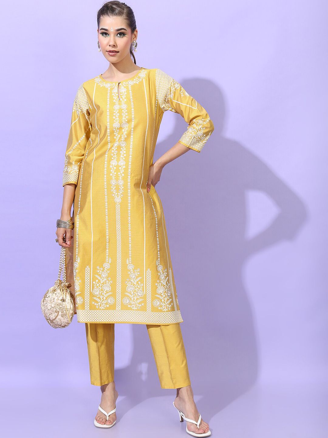 Vishudh Women Yellow Printed Straight Kurta with Trouser & Dupatta Price in India