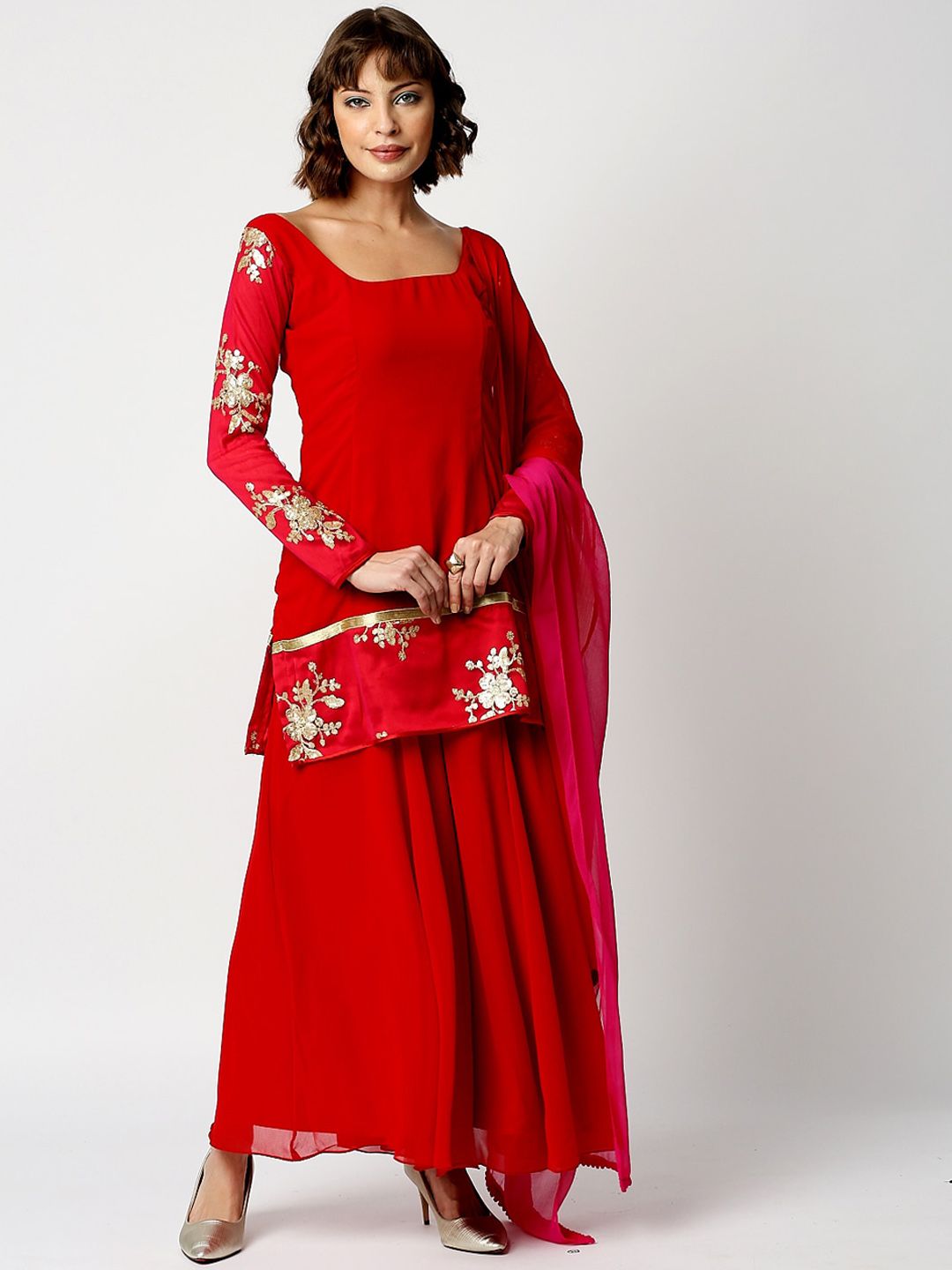 Ira Soleil Women Red Floral Embroidered Kurta with Palazzos & With Dupatta Price in India