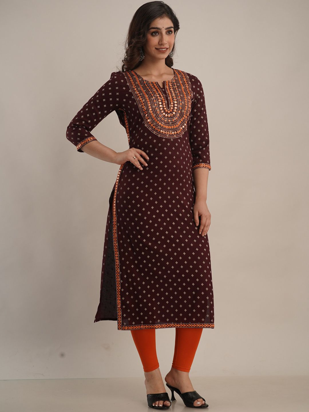 FASHION DEPTH Women Maroon & brown Ethnic Motifs Thread Work Kurta Price in India