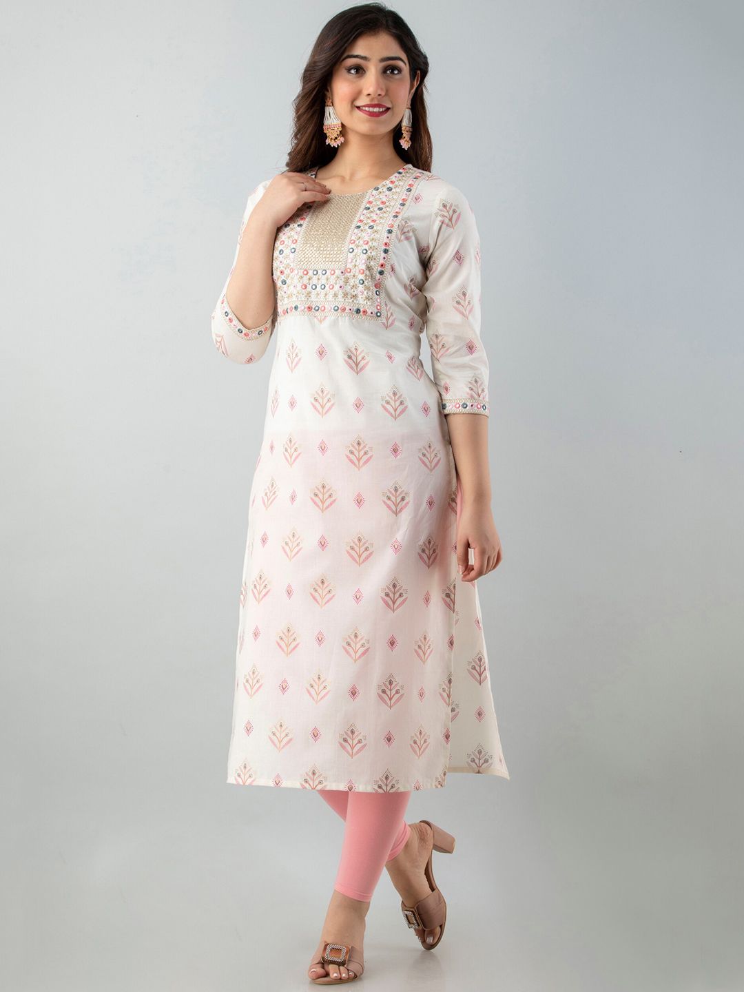 FASHION DEPTH Women White & heavenly pink Geometric Embroidered Flared Sleeves Thread Work Kurta Price in India
