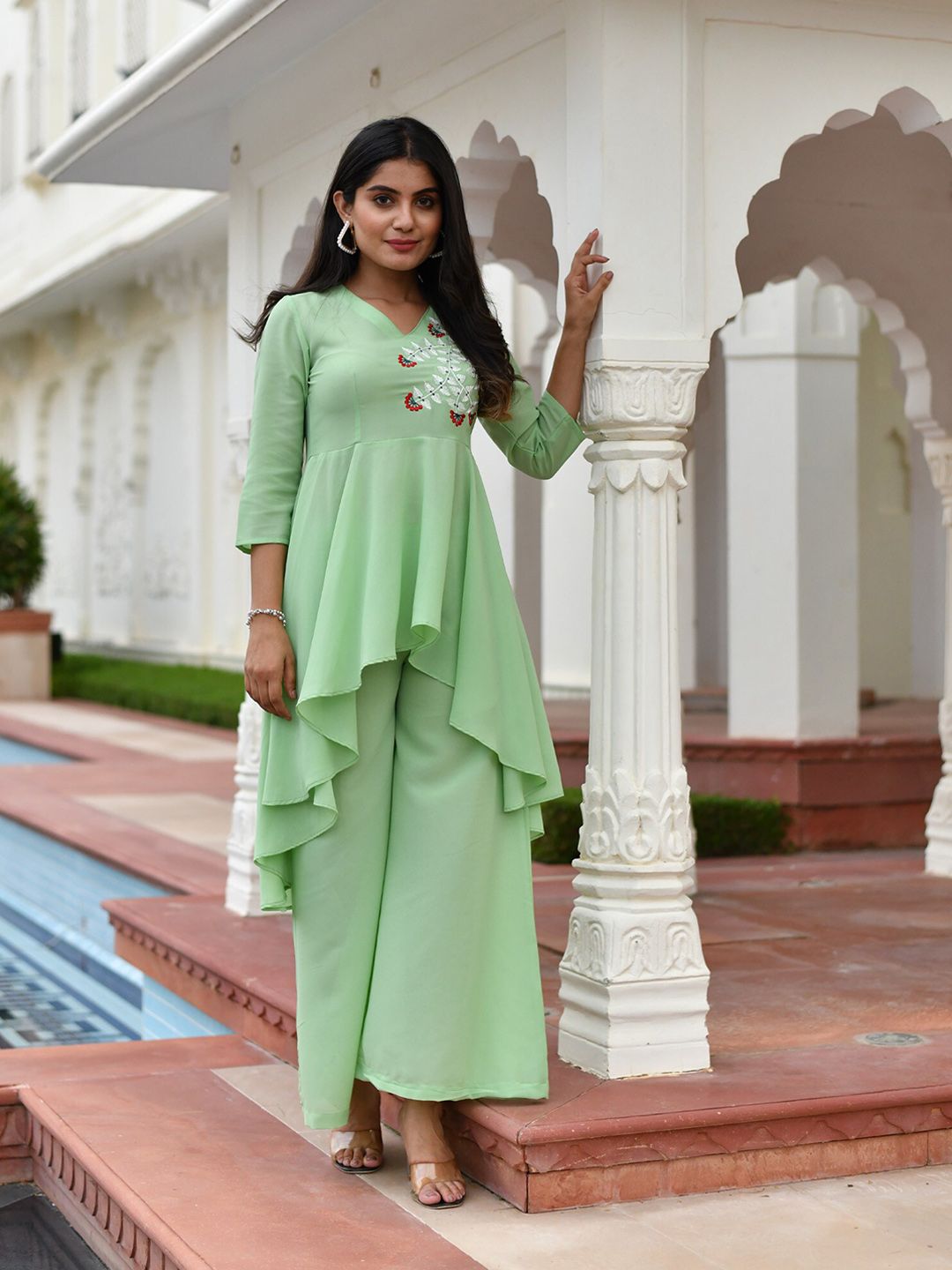 Mulmul By Arabella Women Green Embroidered Kurta with Palazzos