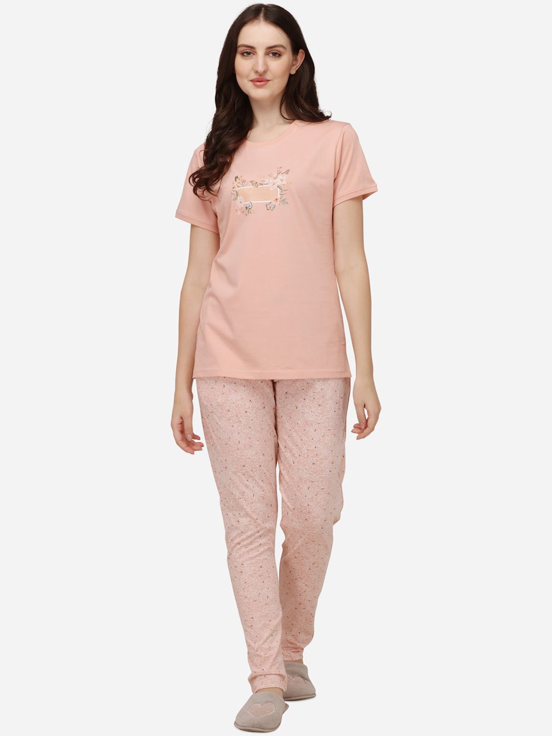 Lenissa Women Peach-Coloured Printed Pure Cotton Night suit Price in India