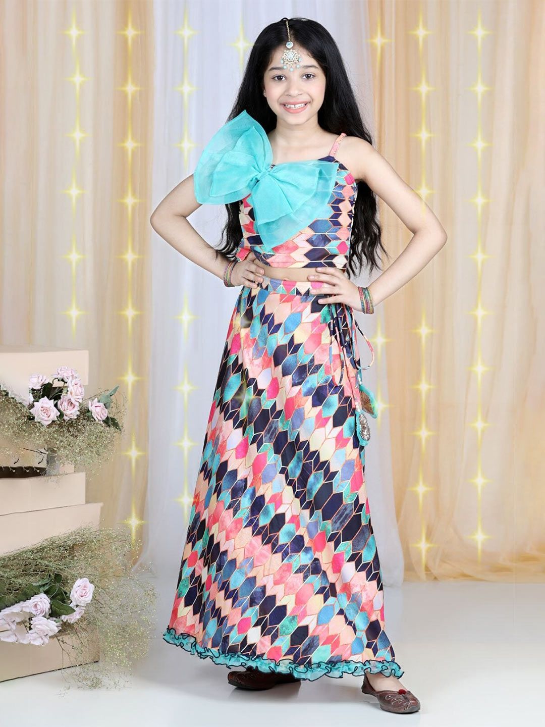 Cutiekins Girls Turquoise Blue & Pink Geometric Printed Ready to Wear Lehenga Choli