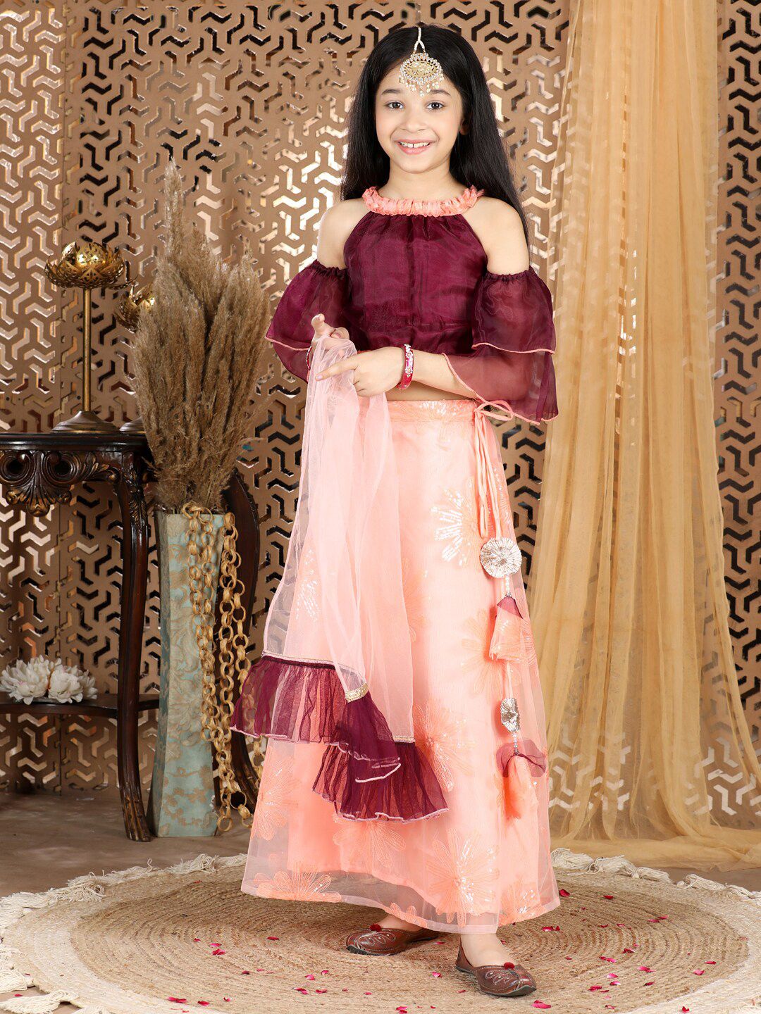 Cutiekins Girls Purple & Peach-Coloured Embellished Sequinned Ready to Wear Lehenga & Blouse With Dupatta Price in India