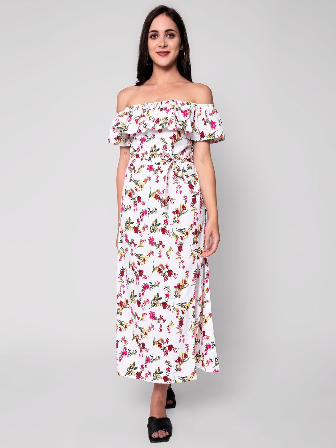 God Bless White & magnolia Floral Off-Shoulder Crepe Maxi Dress Price in India