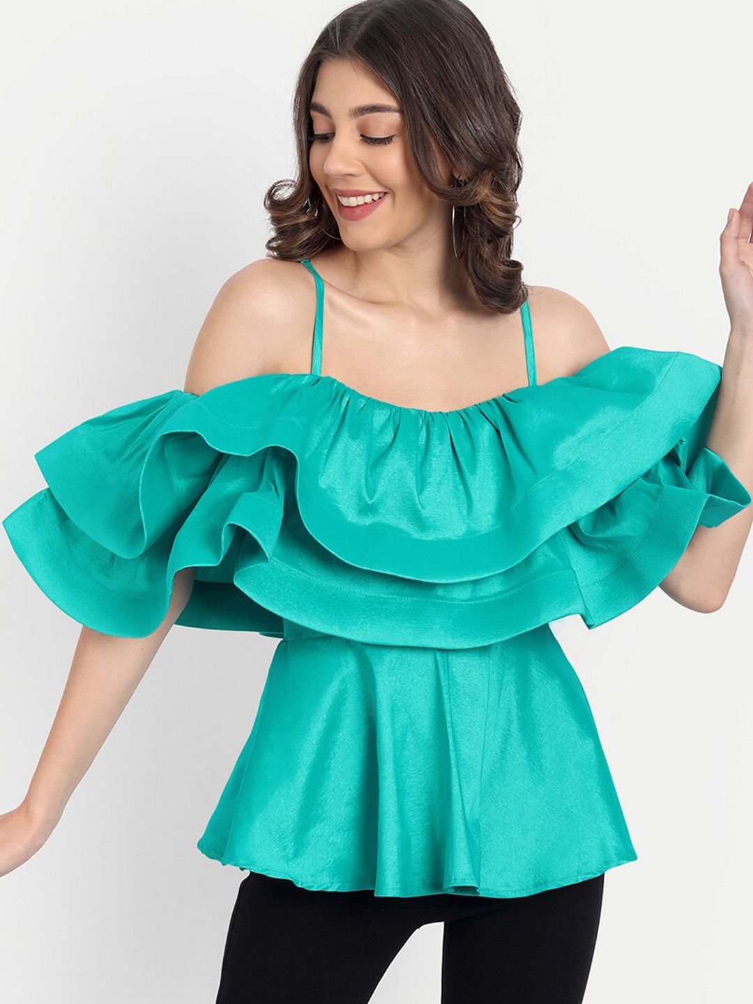 iki chic Turquoise Blue Off-Shoulder Ruffles Bardot Top Price in India