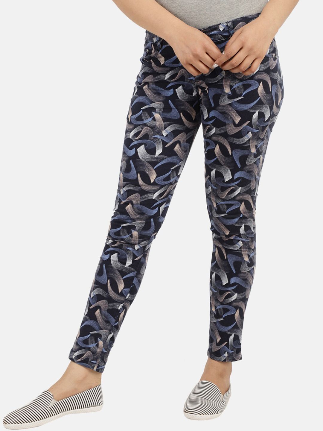 V-Mart Women Navy Blue Camouflage Printed Chinos Trousers Price in India