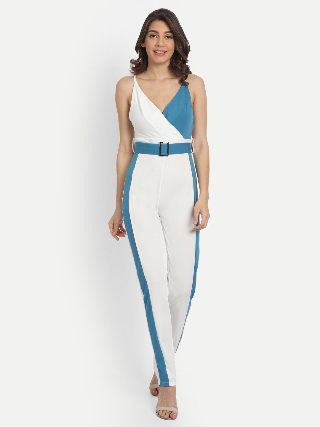 iki chic White & Blue Colourblocked Basic Jumpsuit Price in India