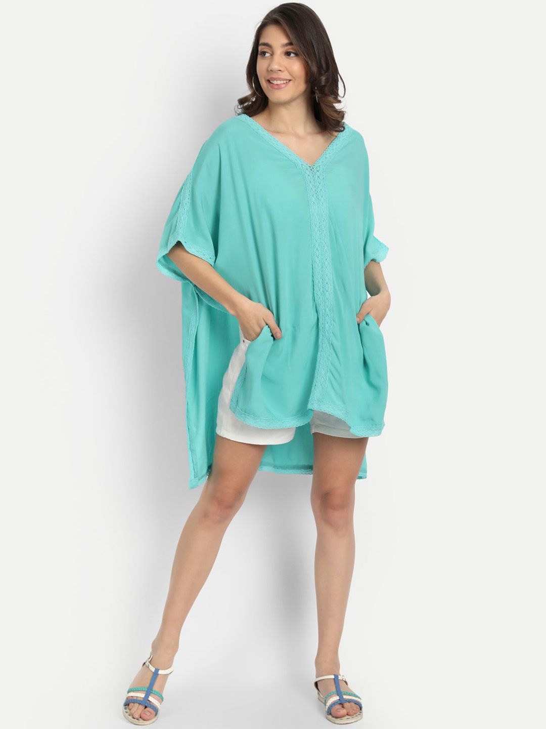 iki chic Women Turquoise Blue Solid Pure Cotton Cover-Up Kaftan Price in India