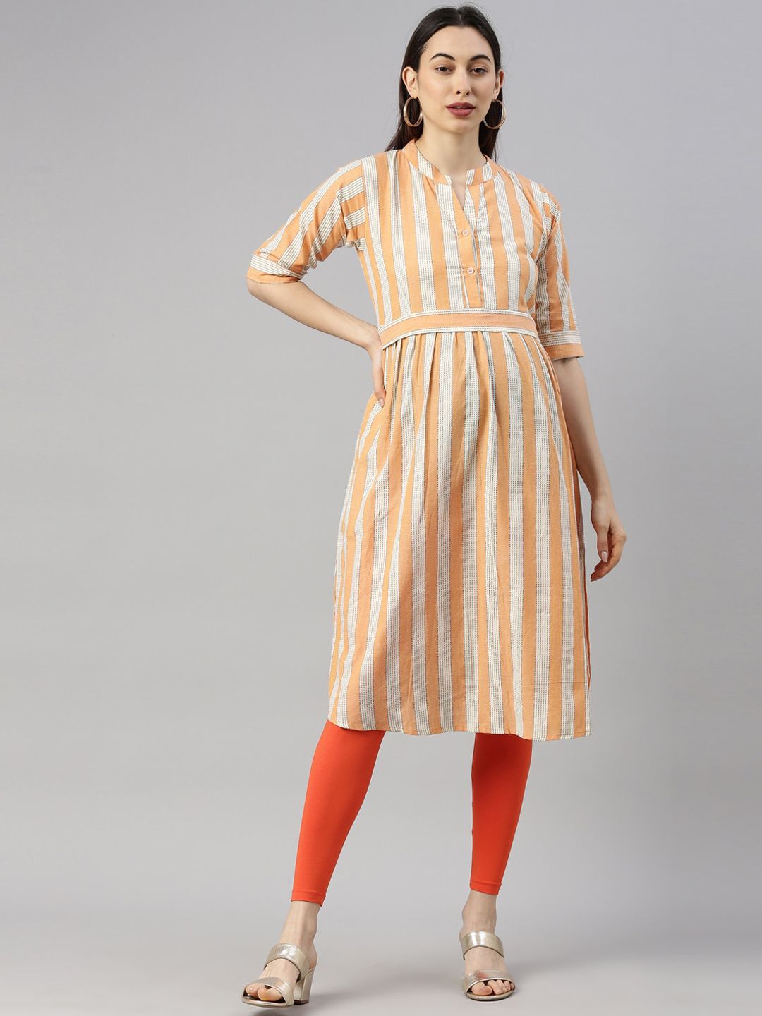 GOLDSTROMS Women Orange Striped Keyhole Neck Flared Sleeves Thread Work Kurta Price in India