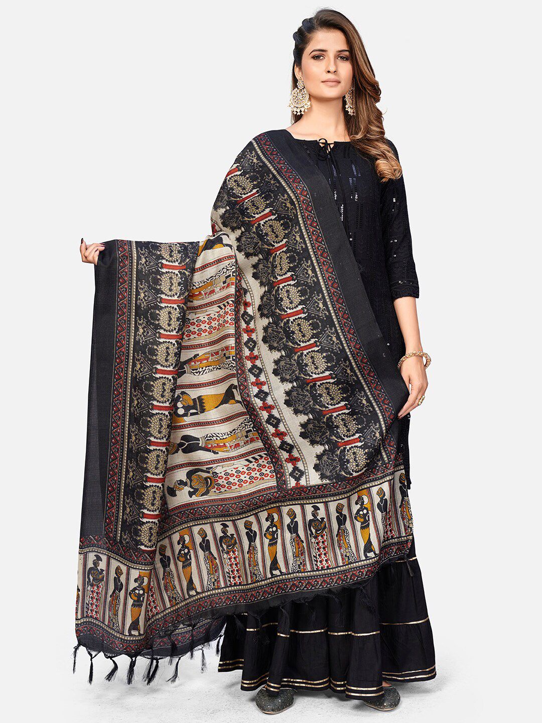 Vbuyz Black & Yellow Ethnic Motifs Printed Art Silk Dupatta Price in India