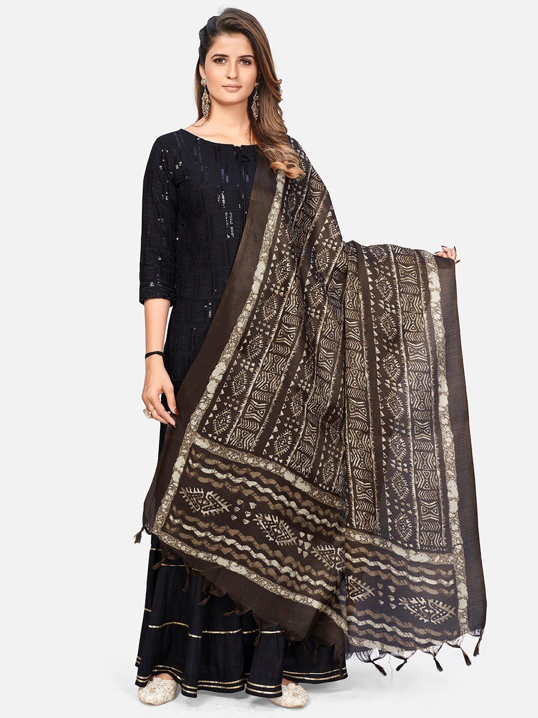 Vbuyz Brown & White Ethnic Motifs Printed Art Silk Dupatta Price in India