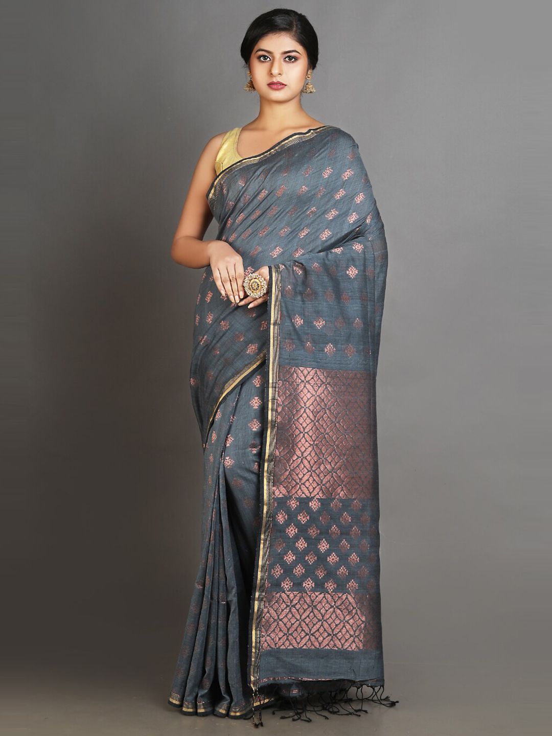 Charukriti Grey & Copper-Toned Woven Design Zari Pure Linen Saree Price in India