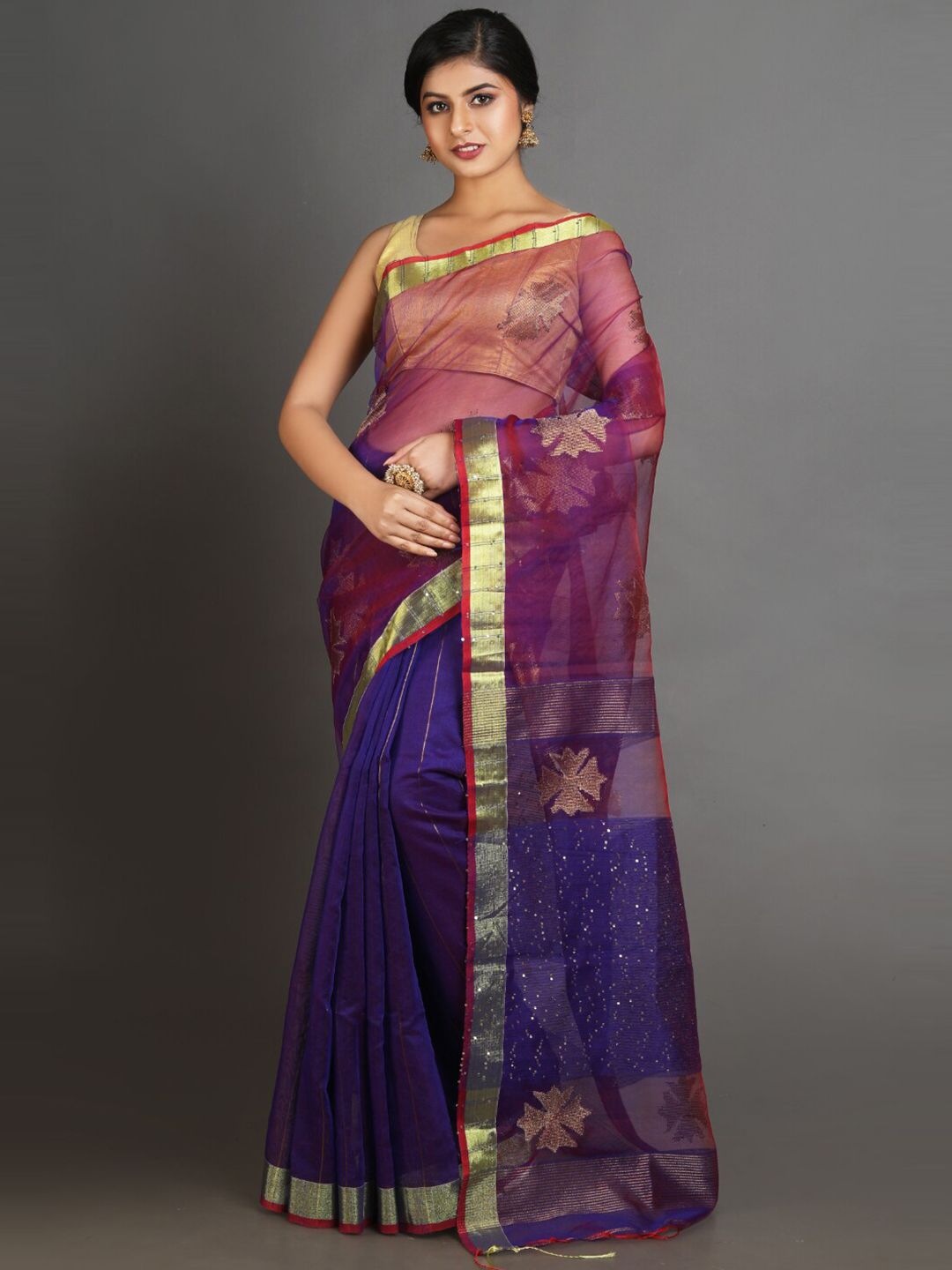 Charukriti Blue & Pink Woven Design Zari Pure Silk Saree Price in India