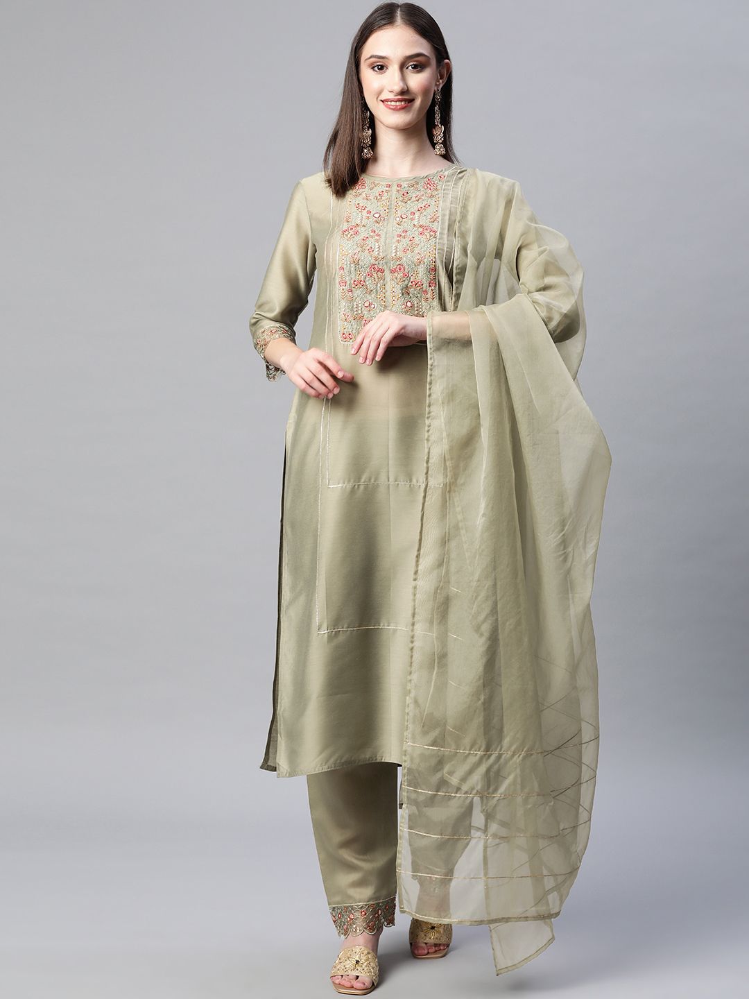 SheWill Women Green Ethnic Motifs Embroidered Sequinned Kurta with Trousers & With Dupatta Price in India