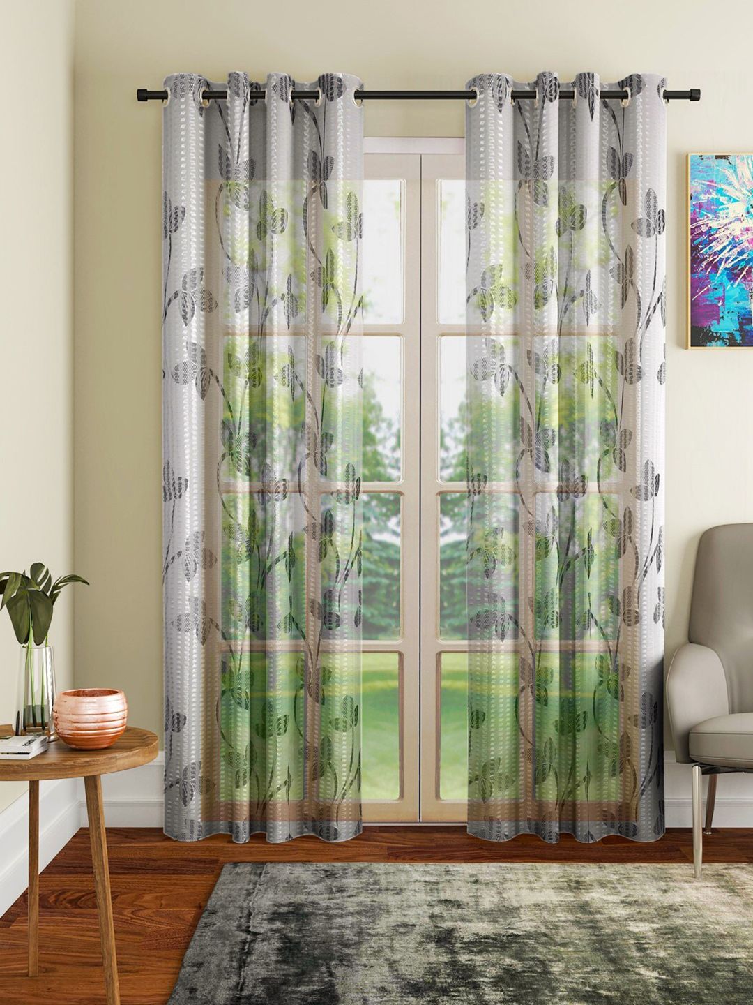 Home Sizzler Black & Green Set of 2 Floral Sheer Long Door Curtain Price in India