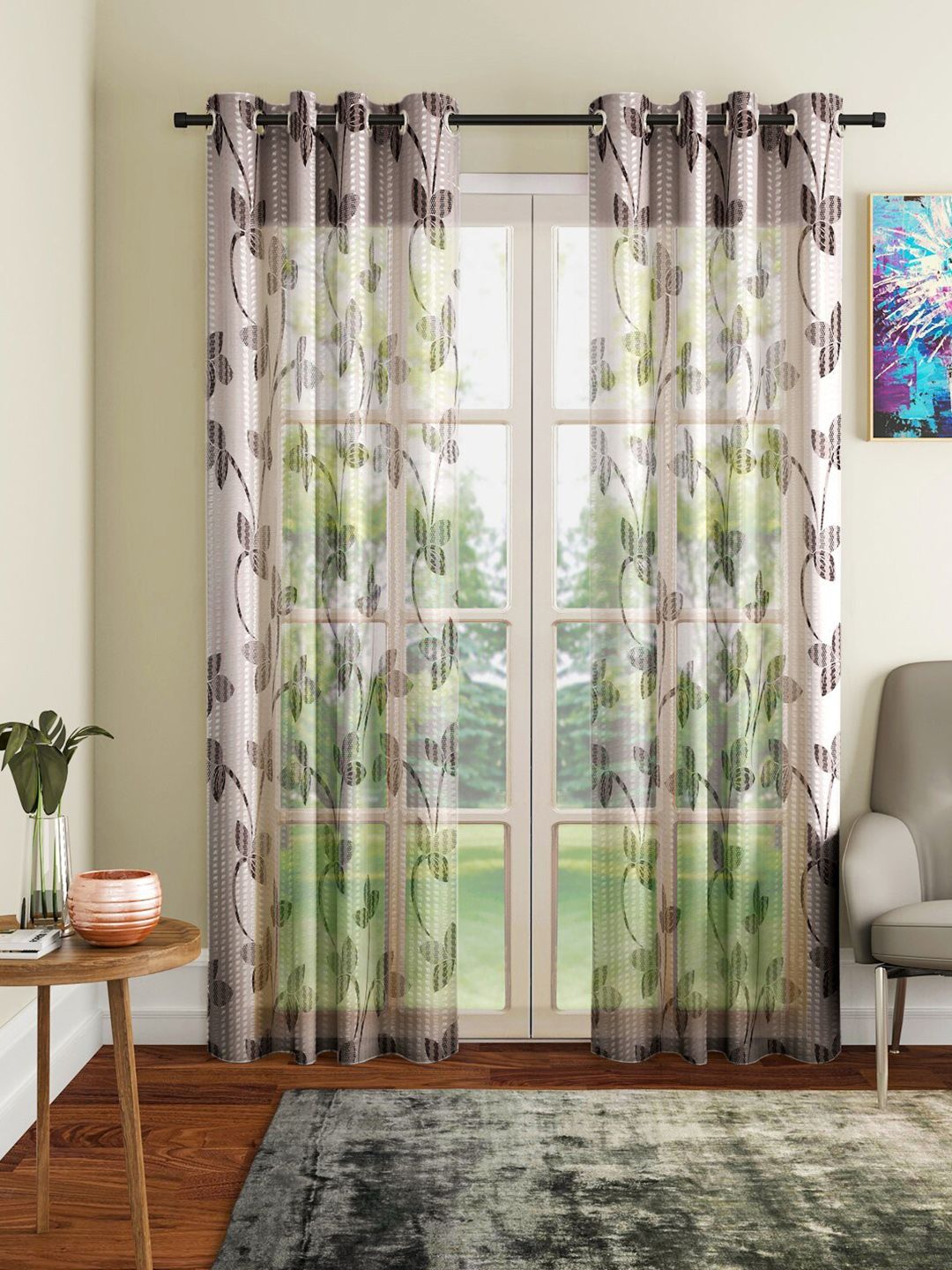 Home Sizzler Brown & Off White Set of 2 Floral Sheer Window Curtain Price in India