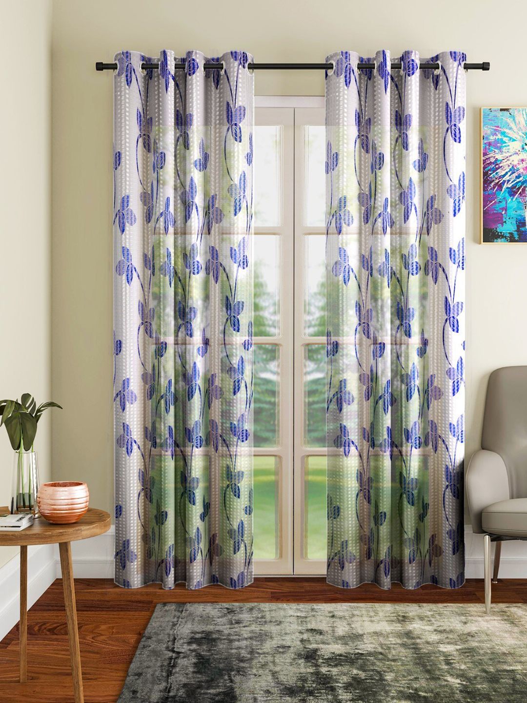 Home Sizzler Blue & White Set of 2 Floral Sheer Window Curtain Price in India