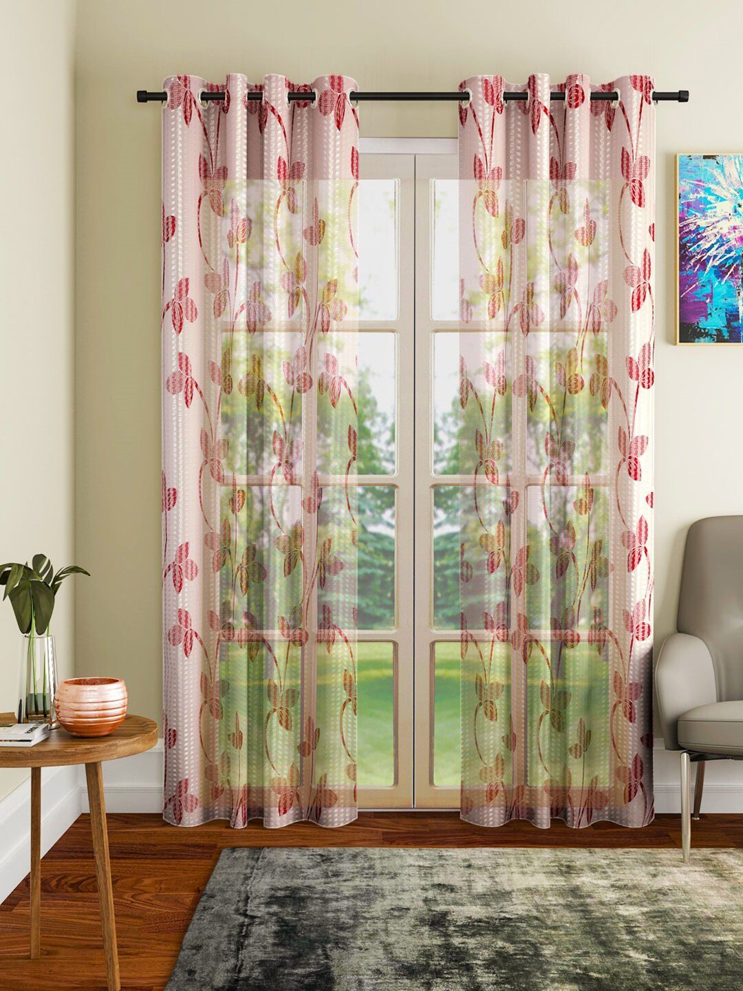 Home Sizzler Maroon & Off White Set of 2 Floral Sheer Window Curtain Price in India