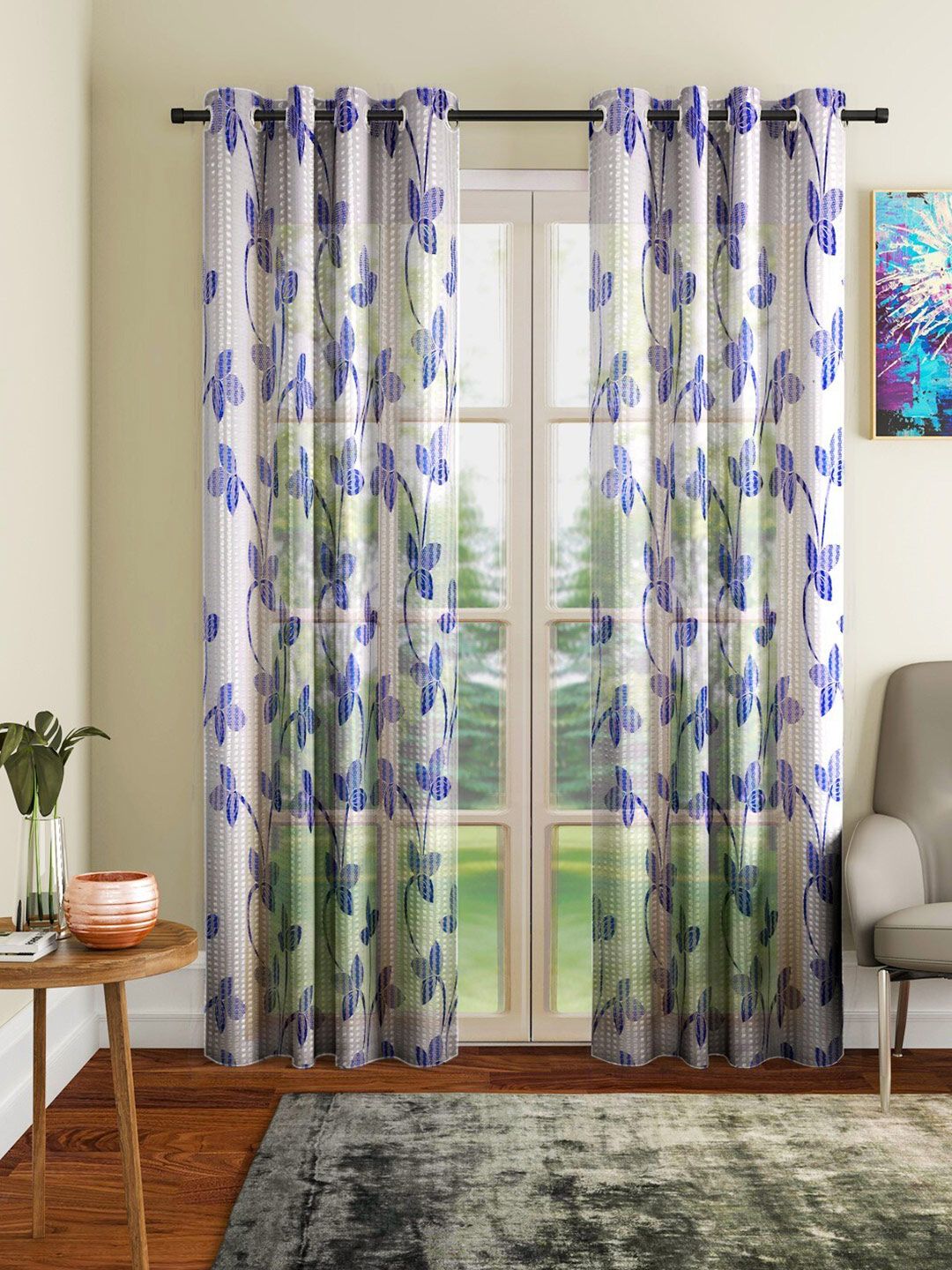 Home Sizzler Blue & White Set of 2 Floral Sheer Long Door Curtain Price in India