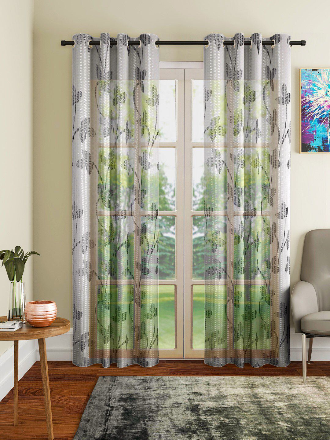 Home Sizzler Black & White Set of 2 Floral Sheer Window Curtain Price in India