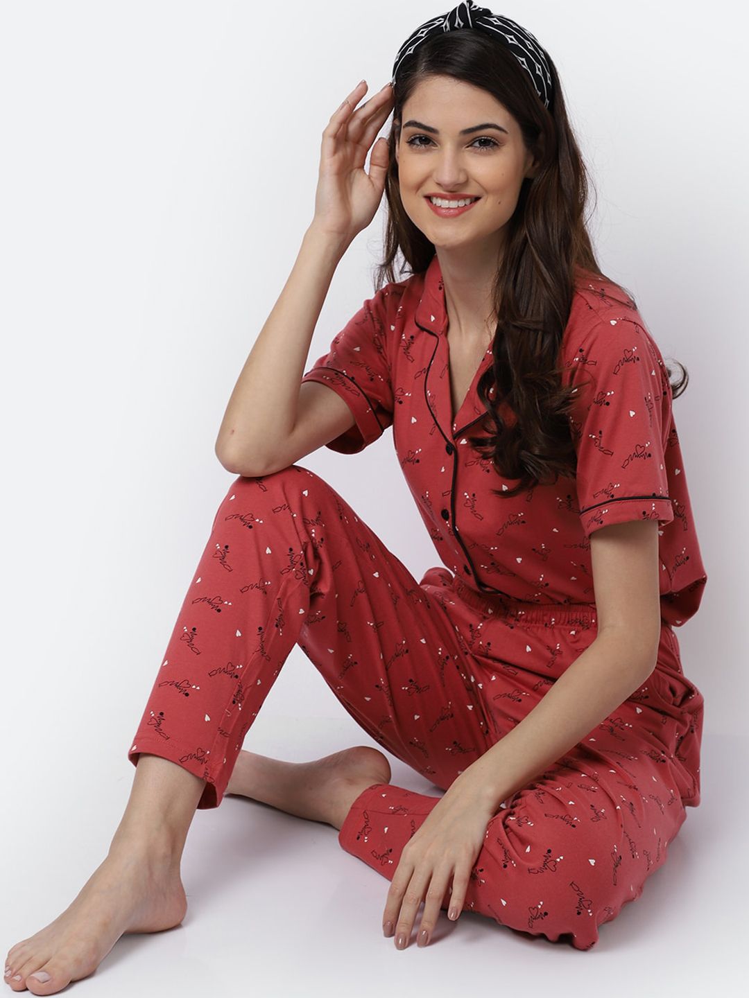 Boston Club Women Rust & White Printed Night suit Price in India