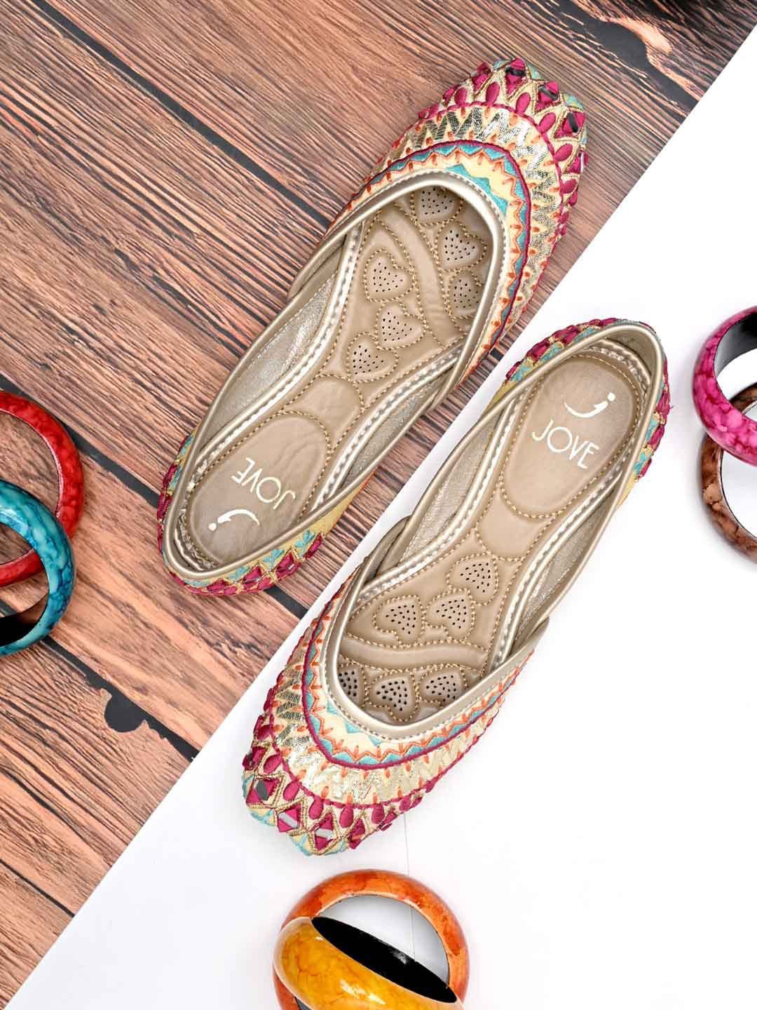 Jove Women Multicoloured Textured Ethnic Open Toe Flats with Bows Price in India