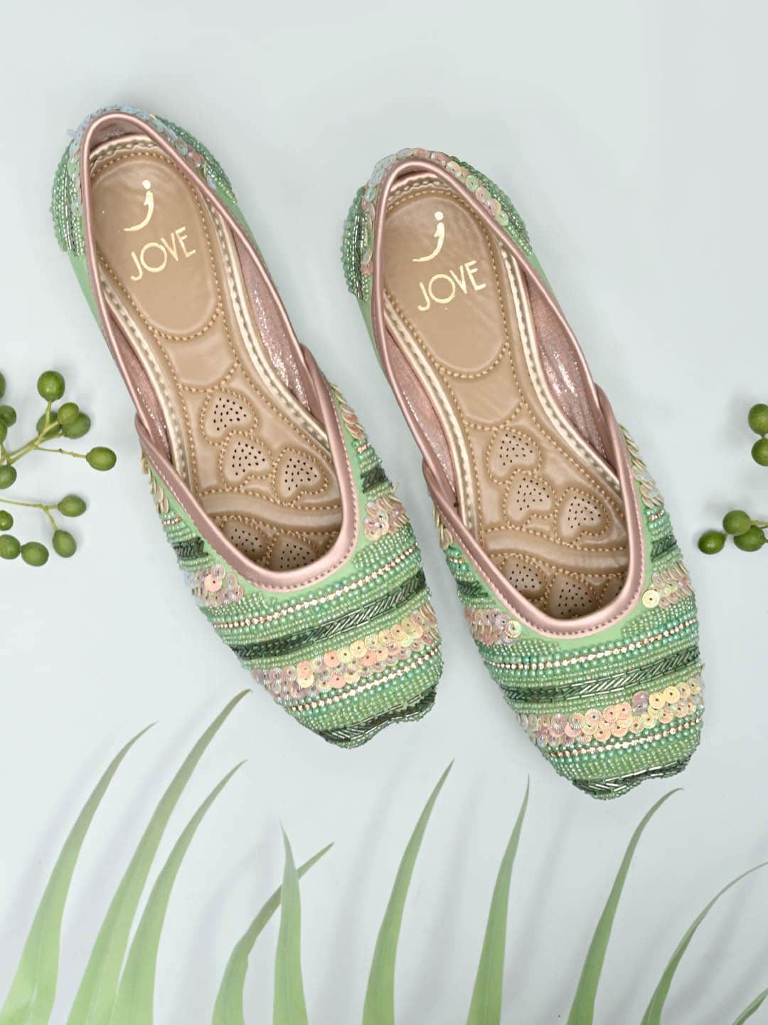 Jove Women Green Printed Ethnic Mules Flats Price in India