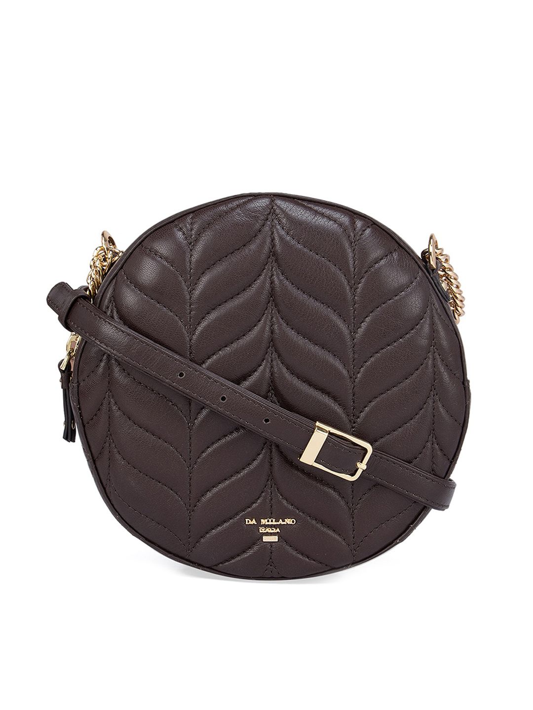 Da Milano Brown Textured Leather Half Moon Sling Bag with Quilted