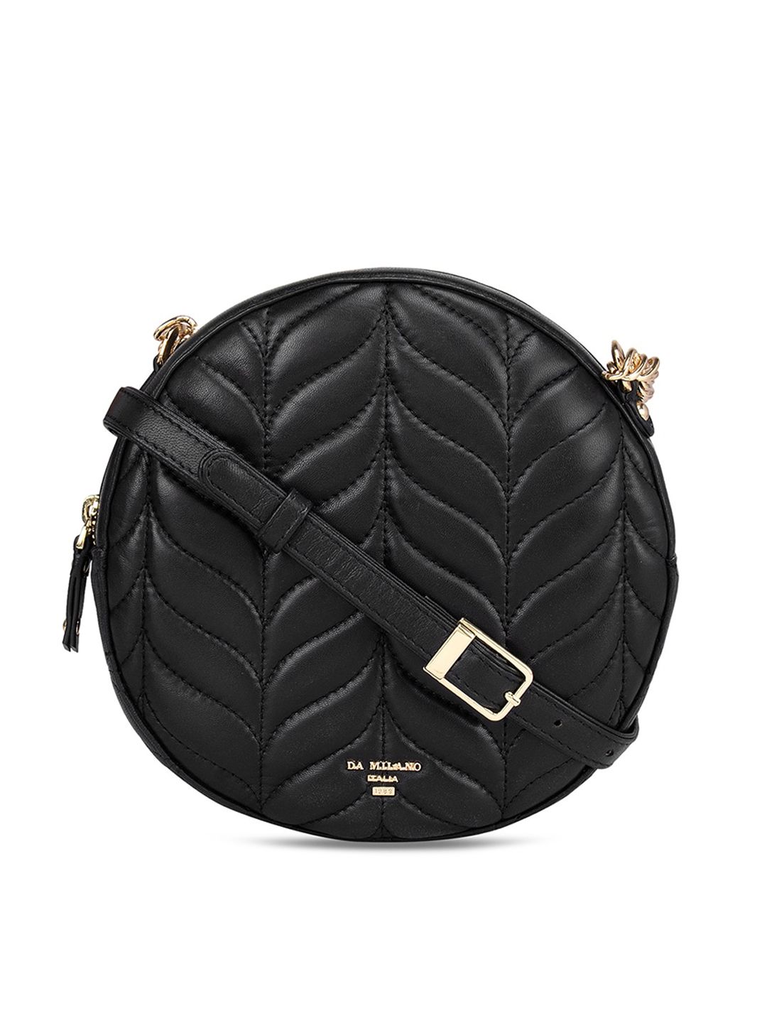 Da Milano Black Textured Leather Structured Sling Bag with Quilted Price in India