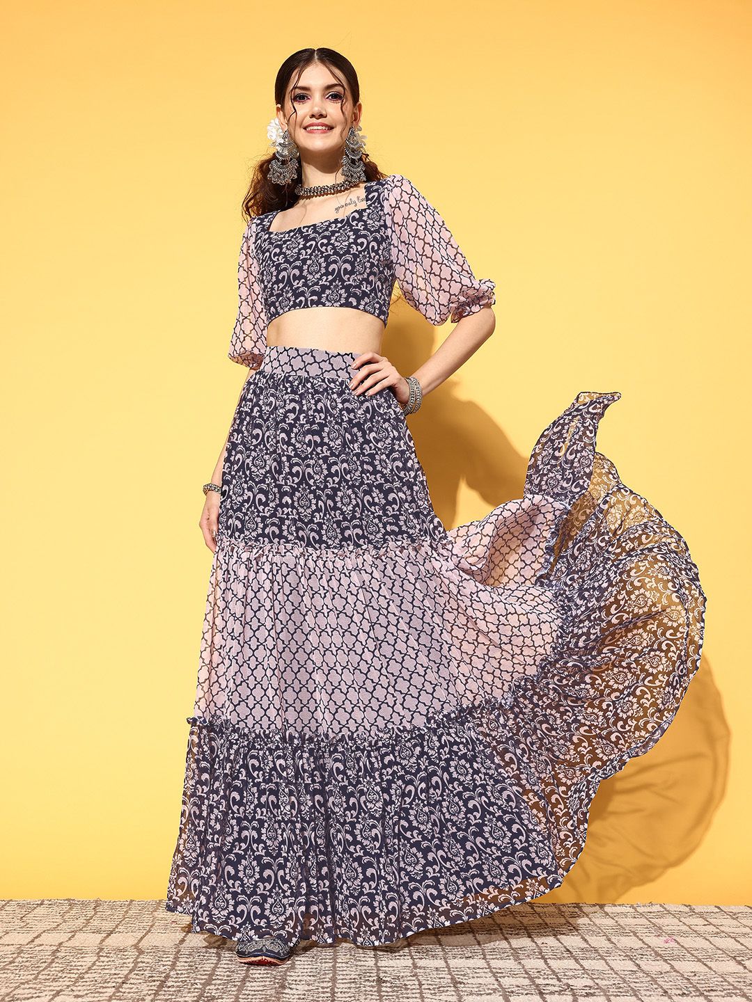 Inddus Women Navy Blue Printed Top with Skirt Price in India