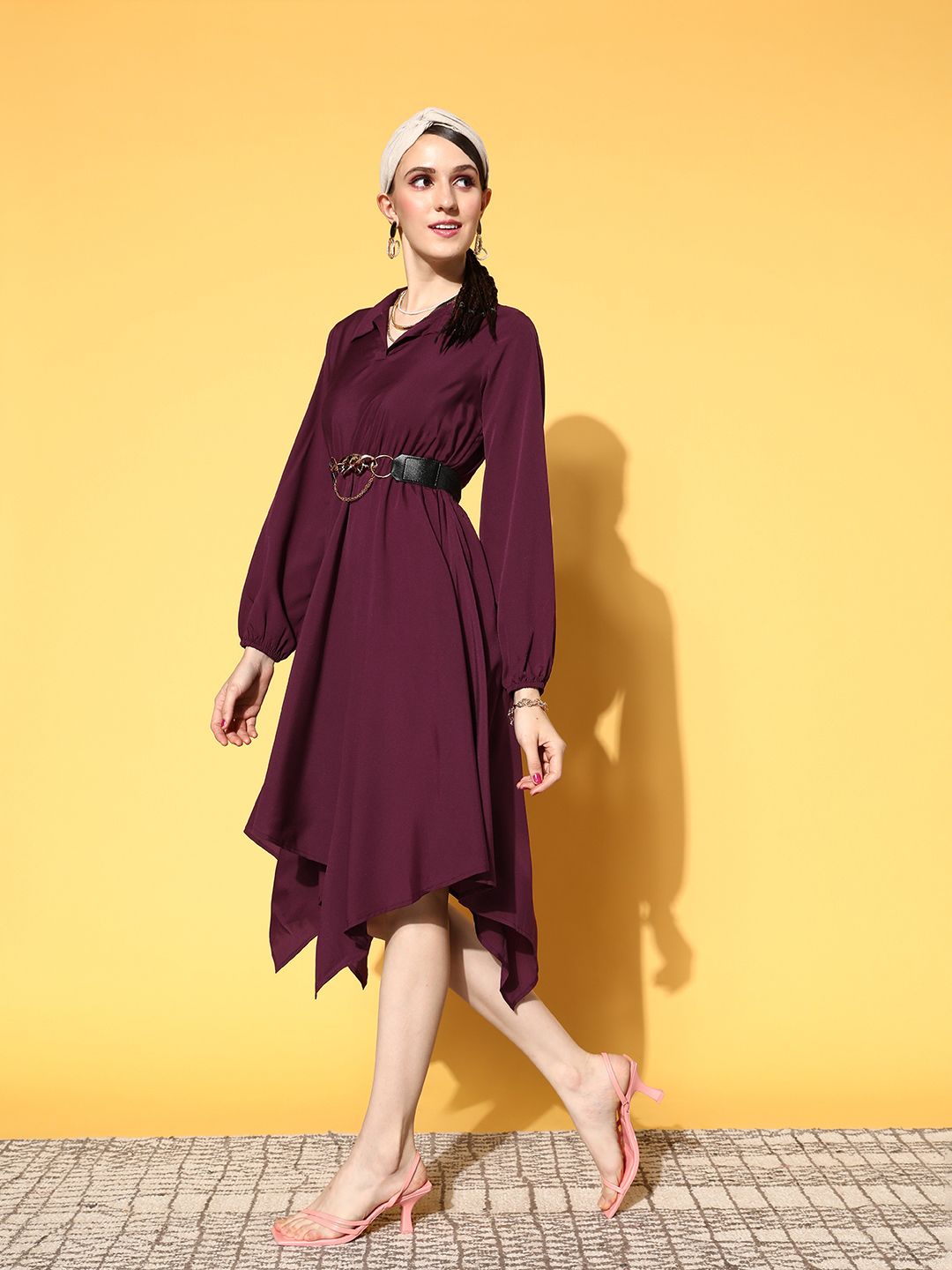 plusS Women Burgundy Solid Asymmetry Dress Price in India